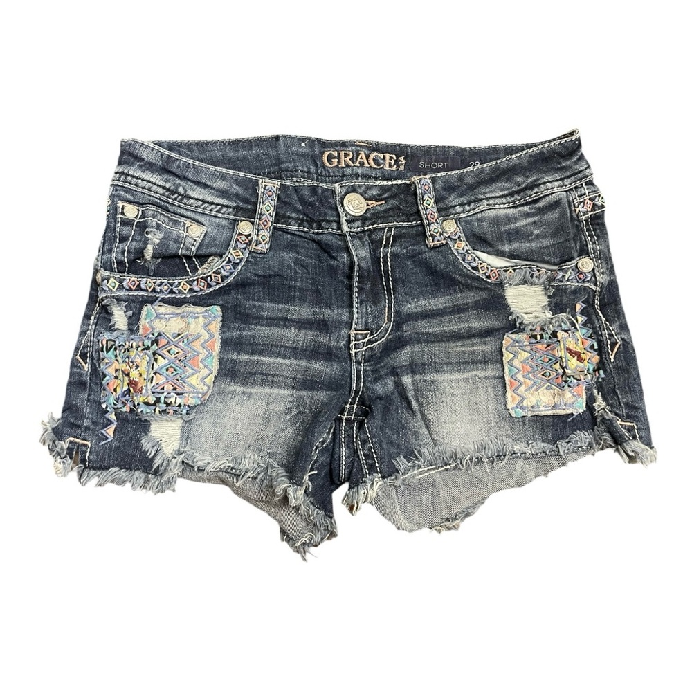 GRACE IN L.A. stitched boho western denim short shorts